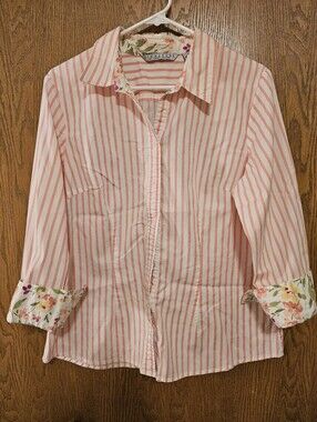 Signature by Larry Levine Pink & White Striped Button-Up Shirt with Floral Cuffs